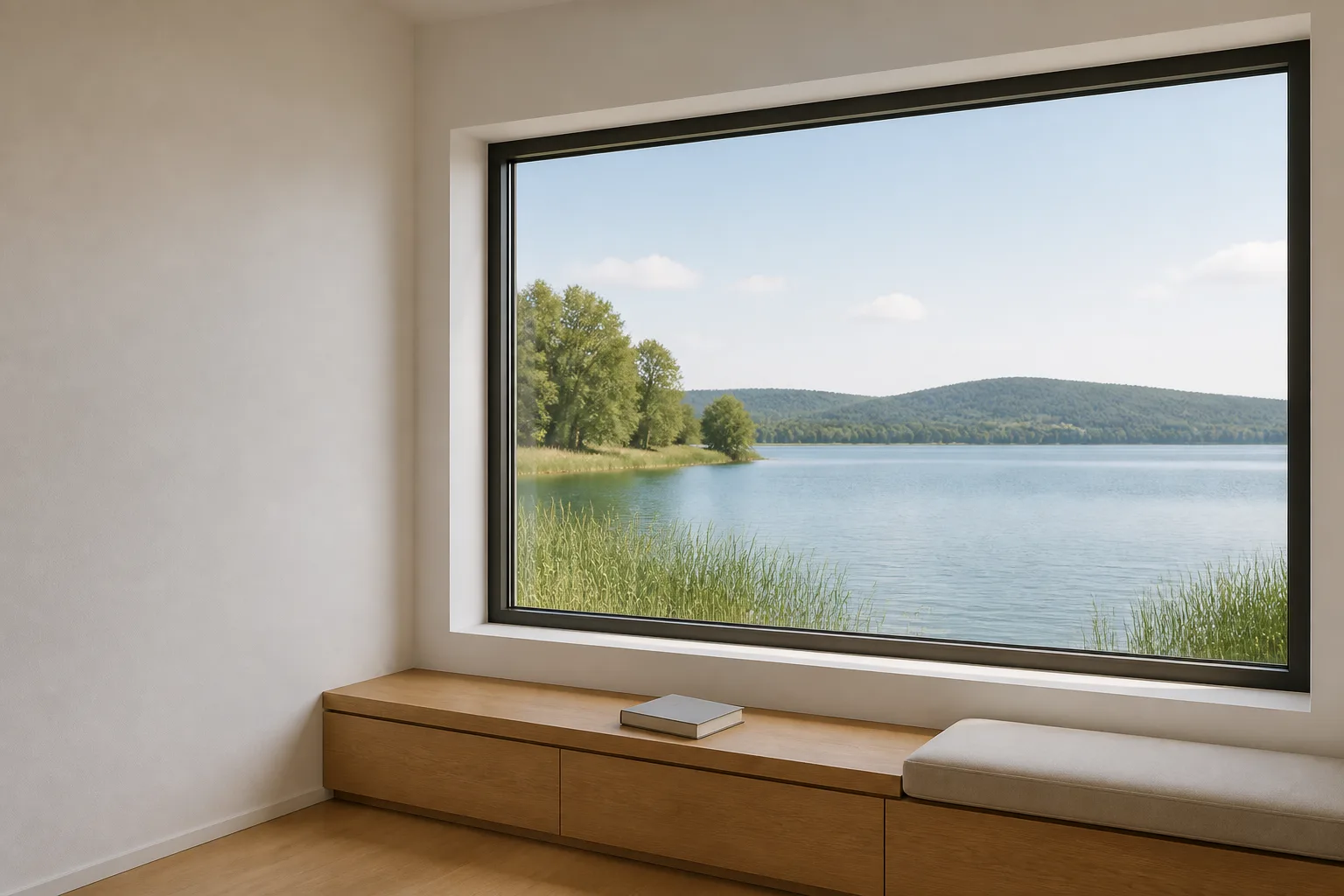 Illustration of a single fixed aluminium picture window with a lake view above an oak bench