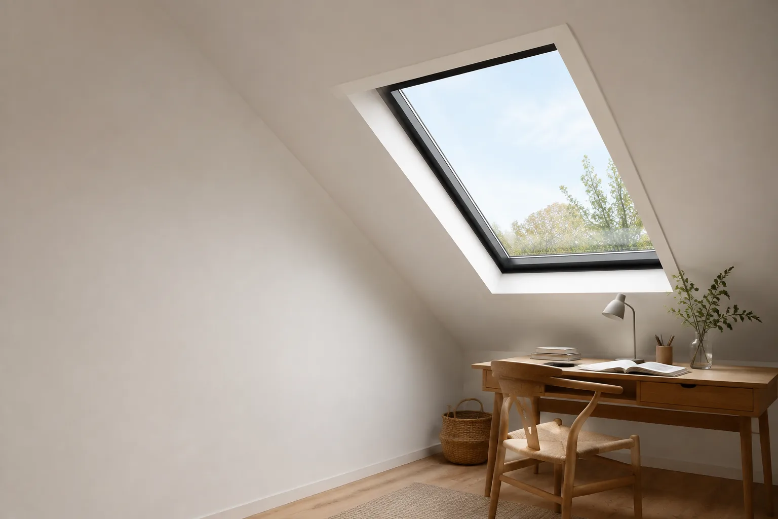 Illustration of a fixed rectangular rooflight in the sloping ceiling above an attic desk
